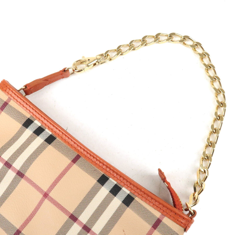BURBERRY Nova Plaid PVC Leather Pouch Hand Bag Beige Orange