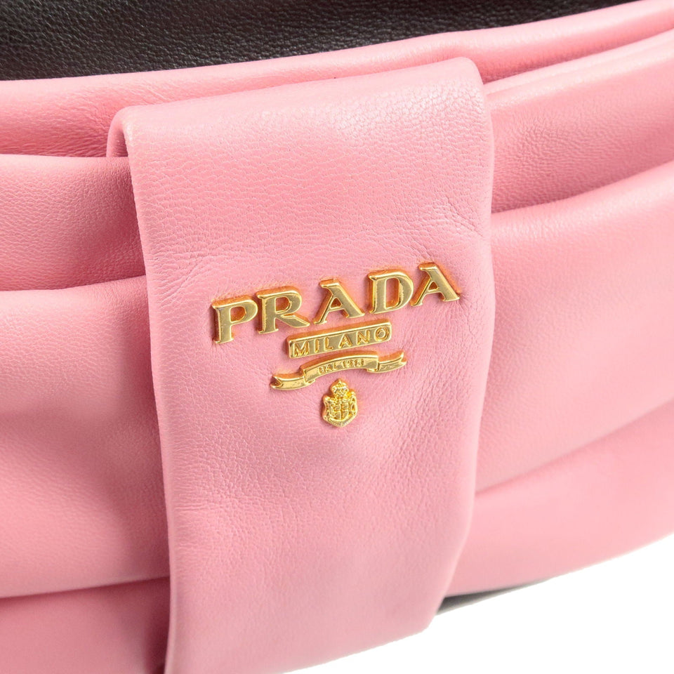 Prada Logo Leather Ribbon Shoulder Bag Pink Black NERO BP0166
