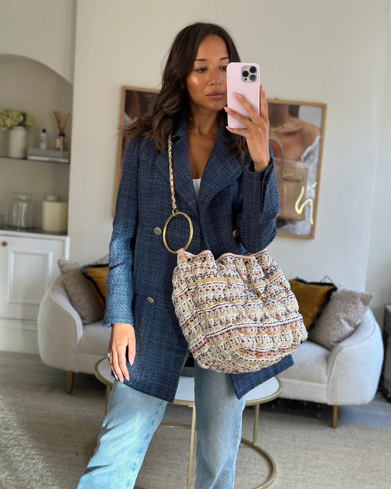 Chanel Limited Edition Multi-Colour Tweed Chesterfield Bucket Bag with Brushed Gold Ring Detail
