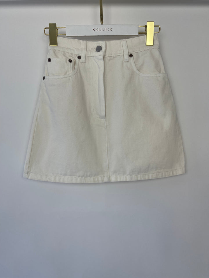 Prada White Denim Mini Skirt With Back Pocket Logo Detail Size IT 36 (UK 4)