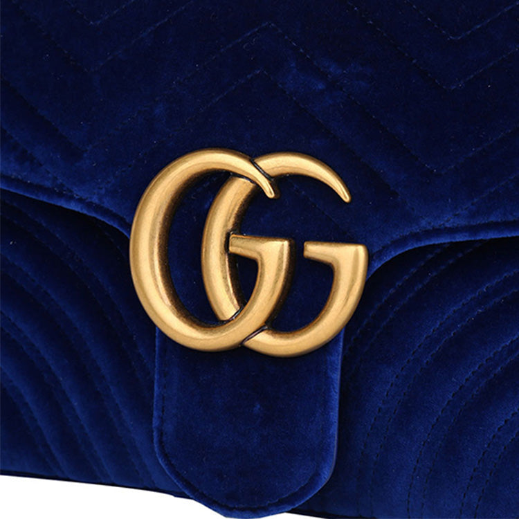 GUCCI GG Marmont Gold Label Logo Distress Velvet Chain Shoulder Messenger Bag Navy Blue 443496-K4D2T-4511