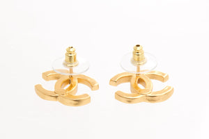 Chanel 2023 White & Gold Interlocking CC Stripe Stud Earrings