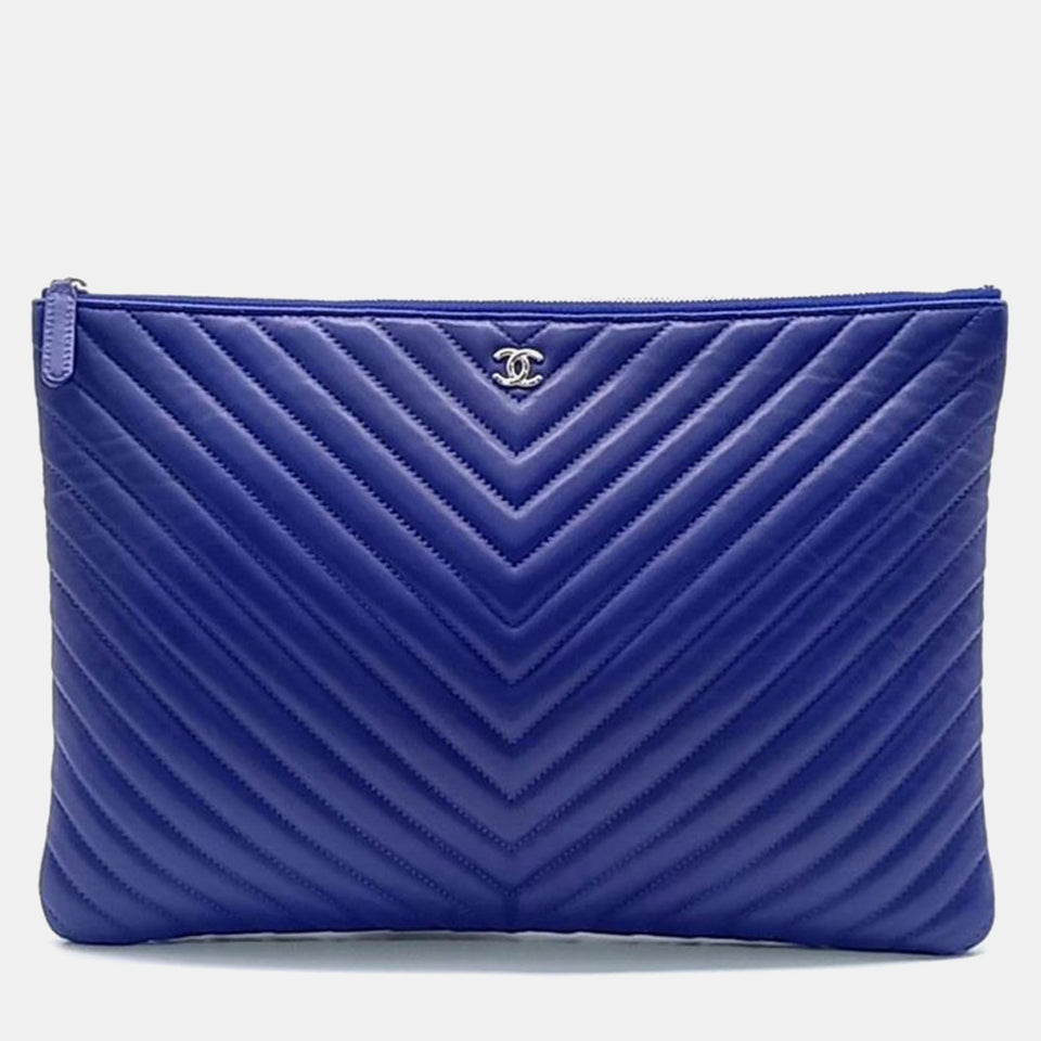 Blue Leather Chevron Clutch Bag