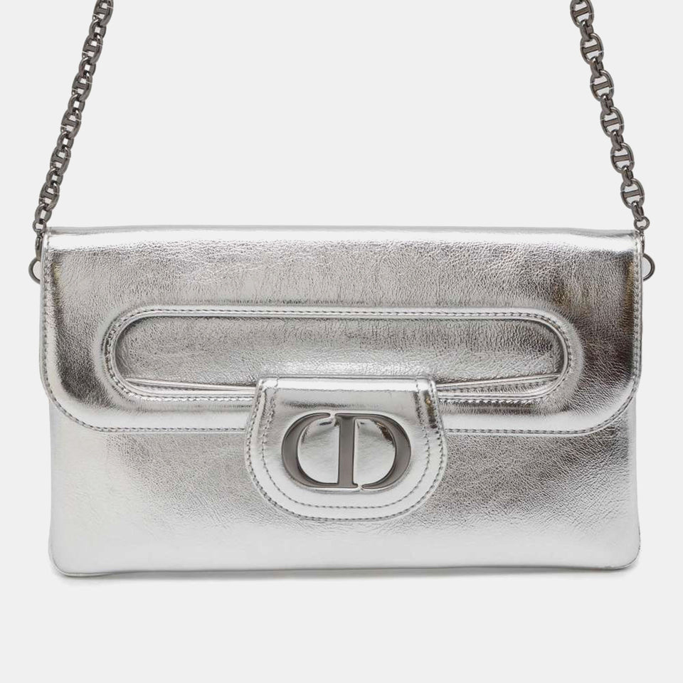 Silver Leather Diordouble Clutch Bag