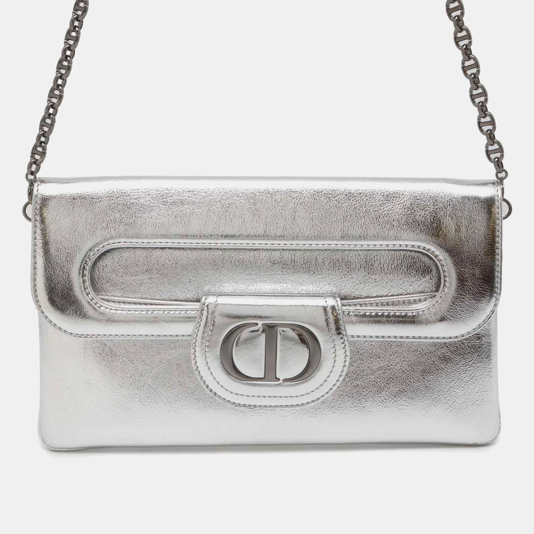 Silver Leather Diordouble Clutch Bag