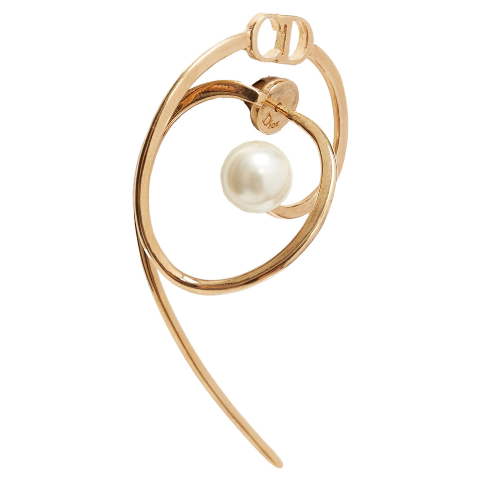 Dior Tribales Gold Metal CD Logo Faux Pearl Swirl Pin Earrings