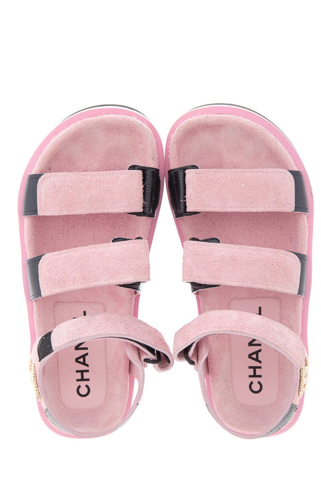 Chanel Pink Suede Calfskin Velcro Sandals SZ 37