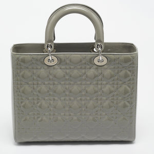 Dior Grey Cannage Patent Leather Large Lady Dior Tote