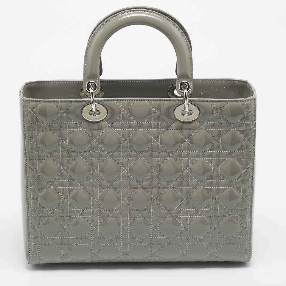 Dior Grey Cannage Patent Leather Large Lady Dior Tote