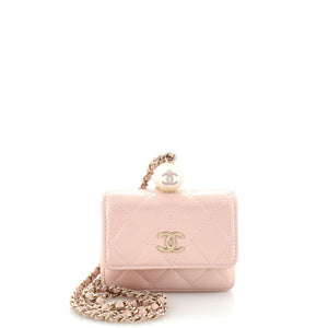 CHANEL CC Pearl Coin Card Holder with Chain Quilted Iridescent Caviar