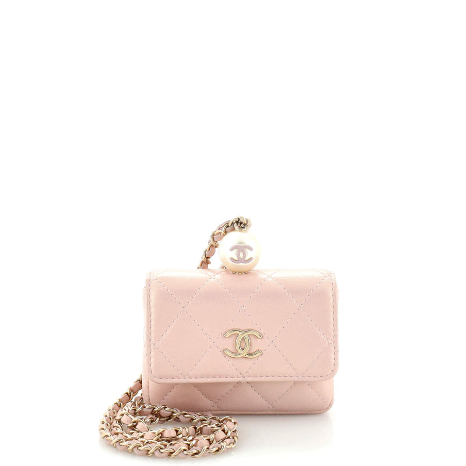 CHANEL CC Pearl Coin Card Holder with Chain Quilted Iridescent Caviar