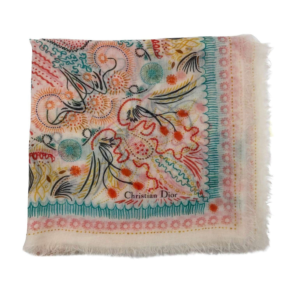 Dior shawl 135cm in multicolour abstract leaf design on cream cashmere