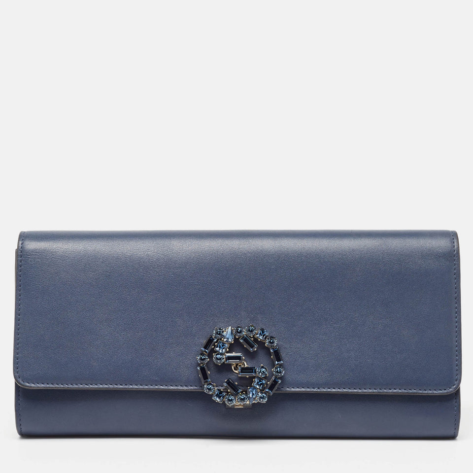 Dark Blue Leather GG Crystals Broadway Clutch