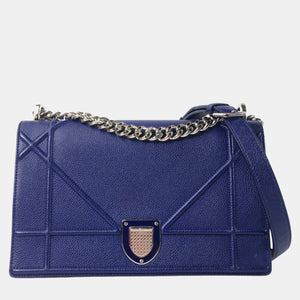 Blue Grained Calfskin Leather Medium Diorama Shoulder Bag