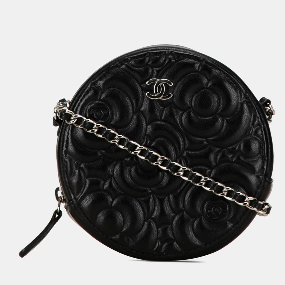 Goatskin Camellia Round Clutch with Chain