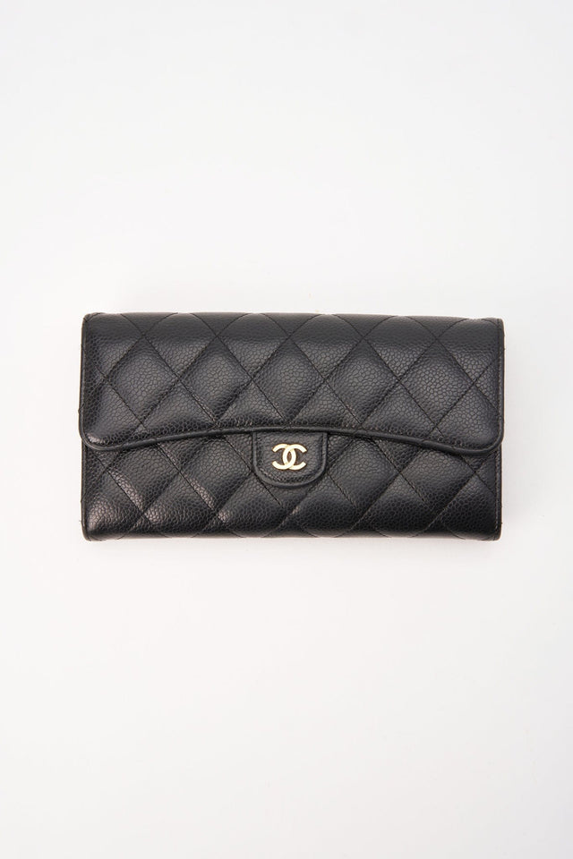 Chanel Black Caviar Leather Wallet With Chanel Box