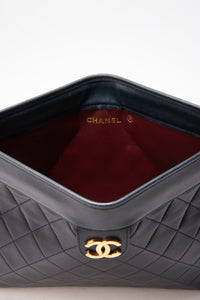 Vintage Chanel Navy Leather Clutch Bag With 24K Gold Plated Hardware