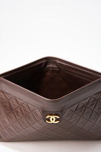 Vintage Chanel Brown Leather Clutch Bag With 24K Gold Plated Hardware