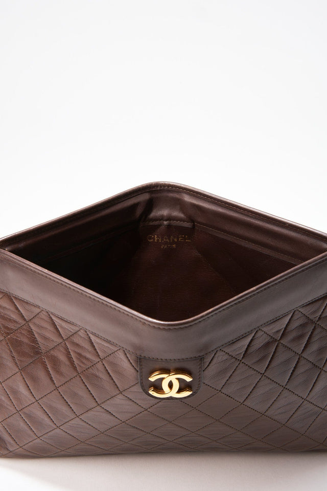 Vintage Chanel Brown Leather Clutch Bag With 24K Gold Plated Hardware