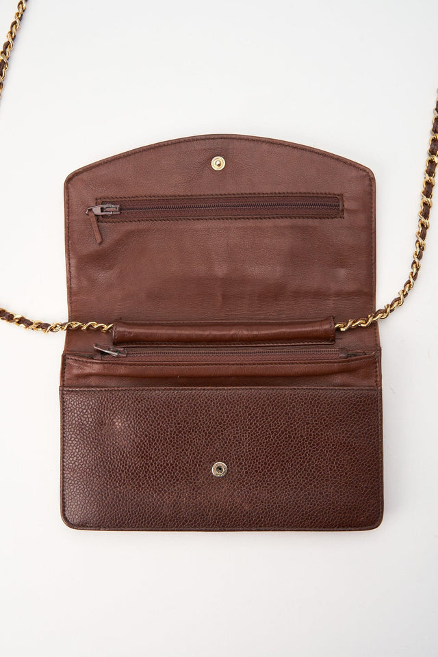 Vintage Chanel Brown Caviar Leather Wallet On Chain