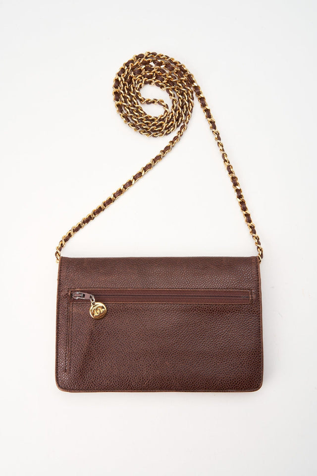 Vintage Chanel Brown Caviar Leather Wallet On Chain