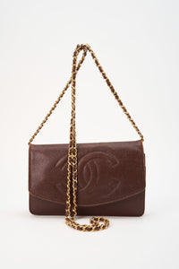 Vintage Chanel Brown Caviar Leather Wallet On Chain