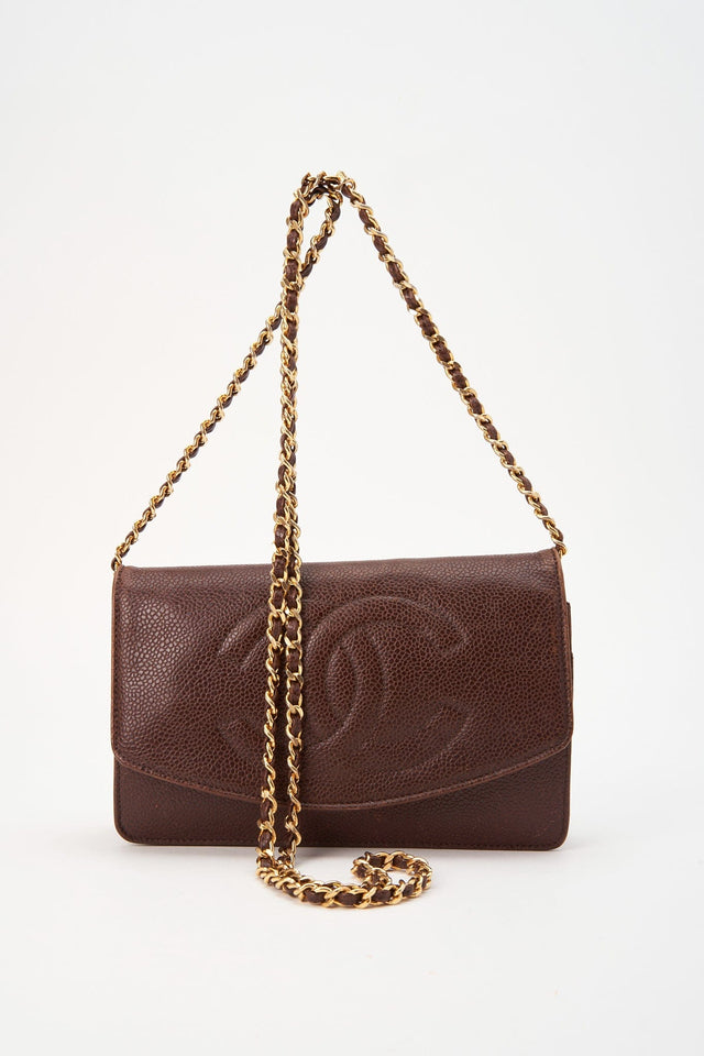 Vintage Chanel Brown Caviar Leather Wallet On Chain