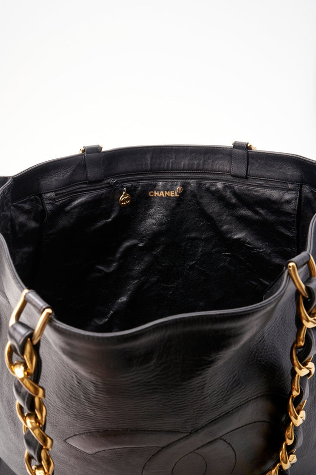 Vintage Chanel Black Leather Tote Bag with Chunky Gold Hardware