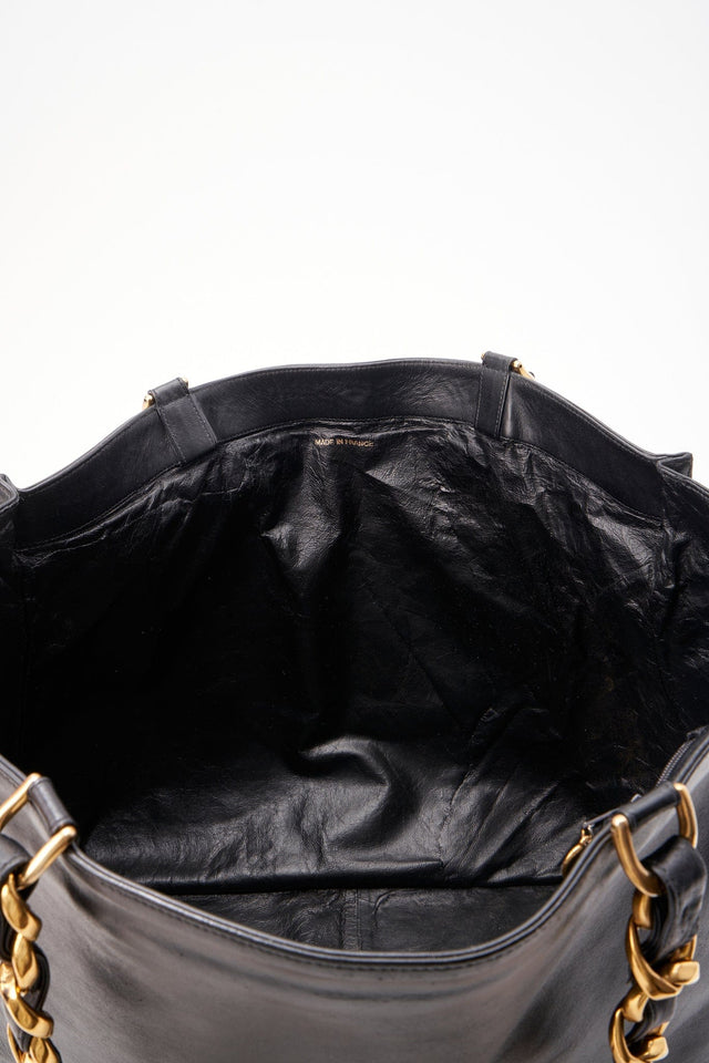 Vintage Chanel Black Leather Tote Bag with Chunky Gold Hardware