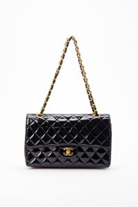 Vintage Chanel Classic Double Flap Bag Medium Black Patent Leather With 24K Gold Plated Hardware