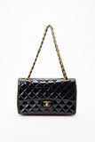 Vintage Chanel Classic Double Flap Bag Medium Black Patent Leather With 24K Gold Plated Hardware