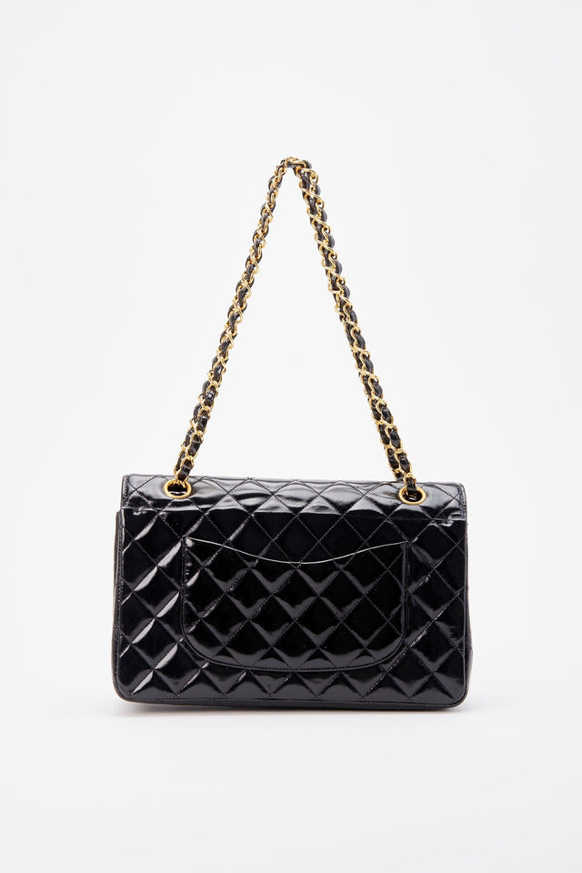 Vintage Chanel Classic Double Flap Bag Medium Black Patent Leather With 24K Gold Plated Hardware