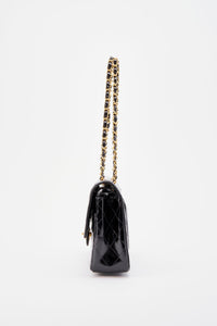 Vintage Chanel Classic Double Flap Bag Medium Black Patent Leather With 24K Gold Plated Hardware