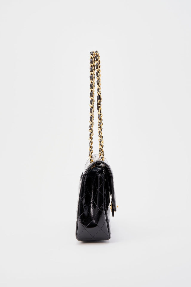 Vintage Chanel Classic Double Flap Bag Medium Black Patent Leather With 24K Gold Plated Hardware