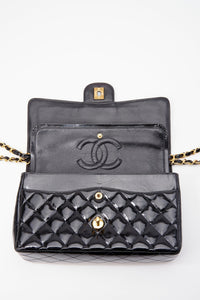Vintage Chanel Classic Double Flap Bag Medium Black Patent Leather With 24K Gold Plated Hardware