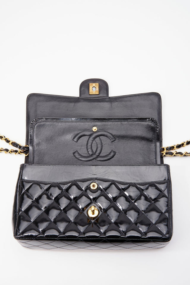 Vintage Chanel Classic Double Flap Bag Medium Black Patent Leather With 24K Gold Plated Hardware
