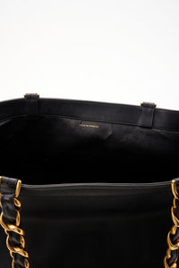 Vintage Chanel Black Leather Tote Bag with Chunky Gold Hardware
