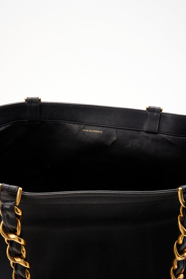 Vintage Chanel Black Leather Tote Bag with Chunky Gold Hardware