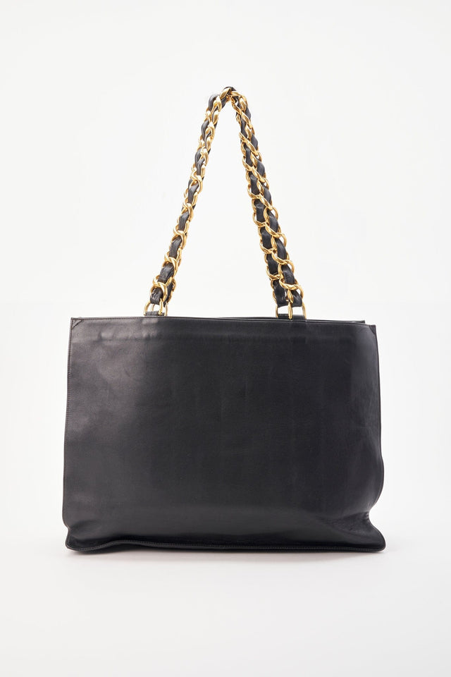 Vintage Chanel Black Leather Tote Bag with Chunky Gold Hardware