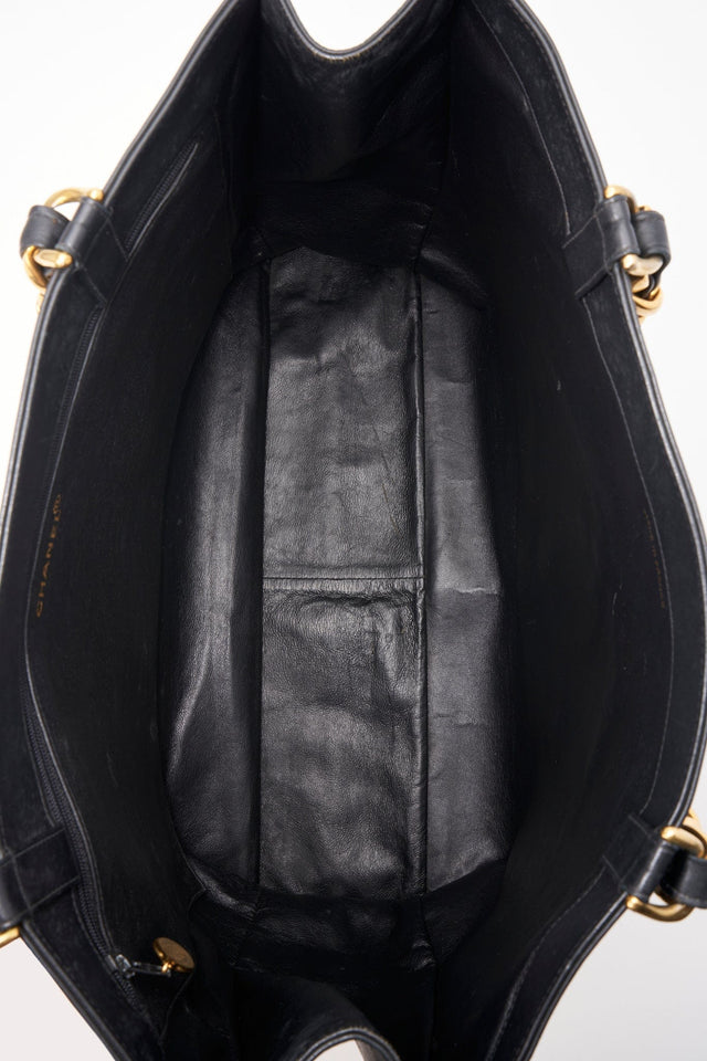 Vintage Chanel Black Leather Tote Bag with Chunky Gold Hardware