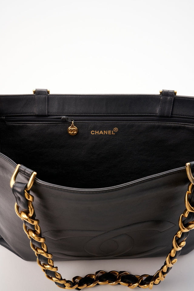 Vintage Chanel Black Leather Tote Bag with Chunky Gold Hardware