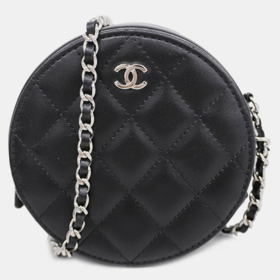 Black Leather Round CC Clutch Bag