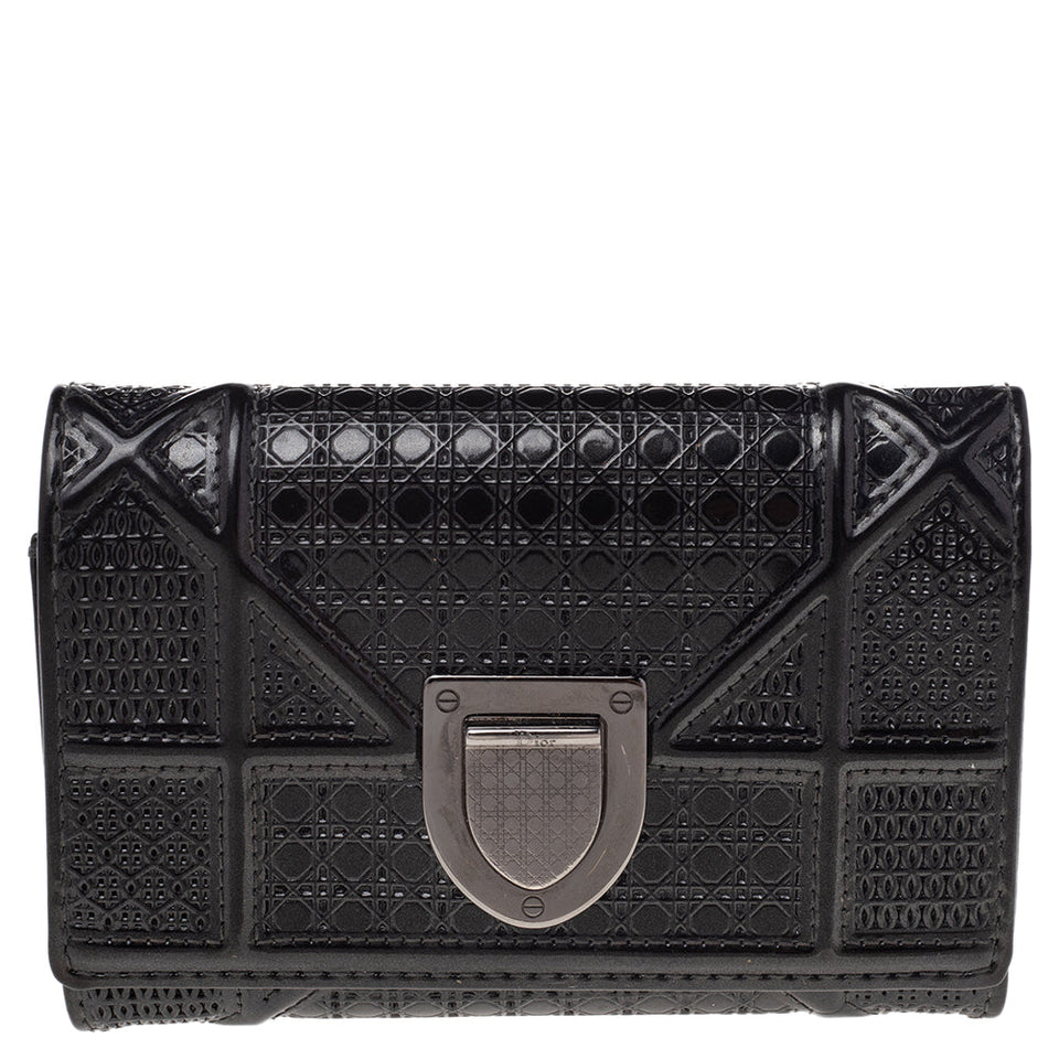 Dior Metallic Grey Micro Cannage Patent Leather Diorama Trifold Wallet..