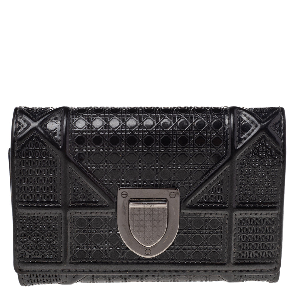 Dior Metallic Grey Micro Cannage Patent Leather Diorama Trifold Wallet..