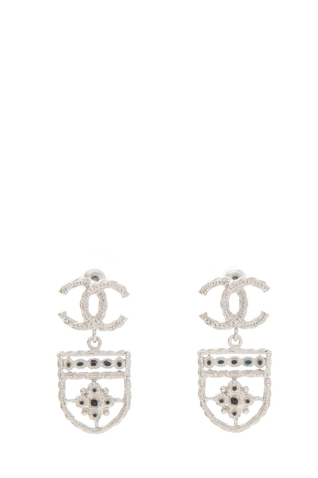 Chanel Silver Shield Detail Dangle CC Logo Earrings