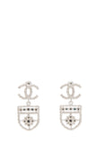 Chanel Silver Shield Detail Dangle CC Logo Earrings