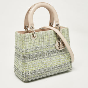 Dior Green/beige Leather And Tweed Medium Lady Dior Tote