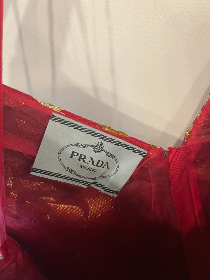 Prada Red & Gold Midi Dress with Floral & Bow Detail Size IT 40 (UK 8)