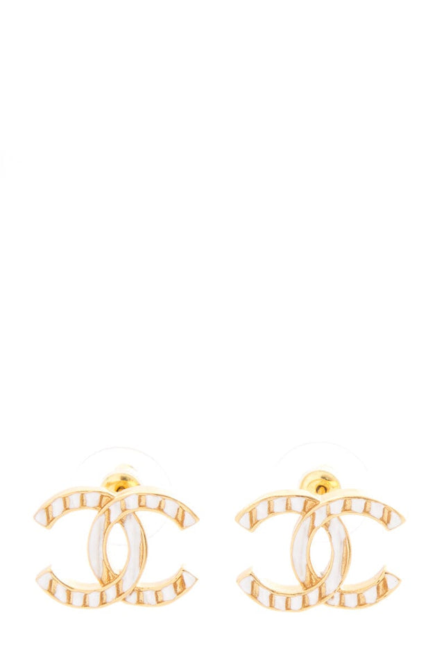 Chanel 2023 White & Gold Interlocking CC Stripe Stud Earrings