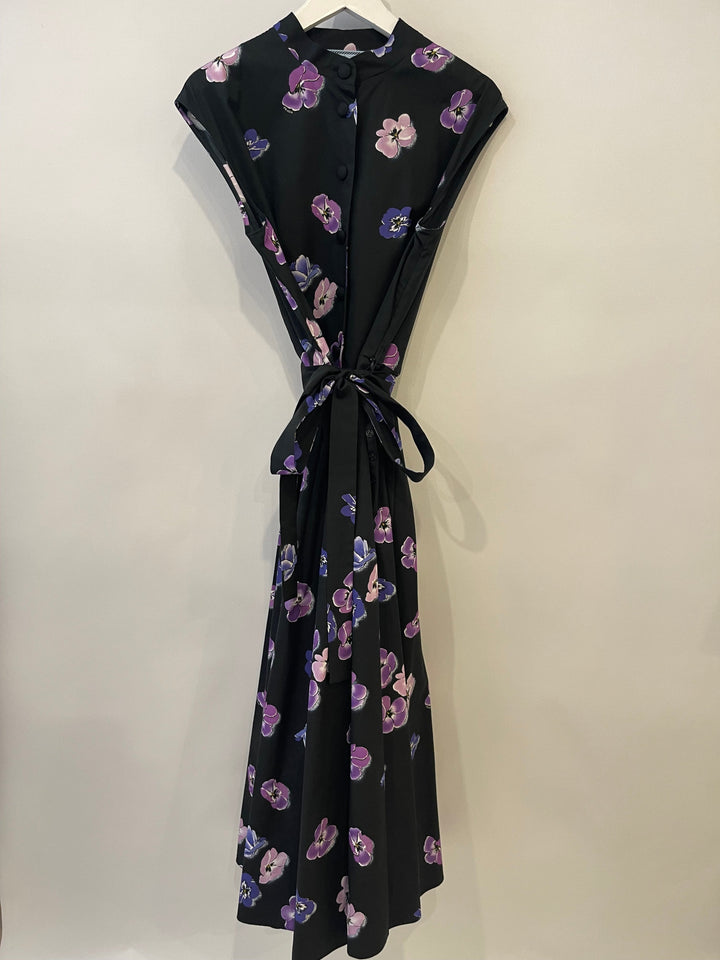 Prada Black and Purple Floral Printed Midi Shirt Dress with Belt Size IT 42 (UK 10)